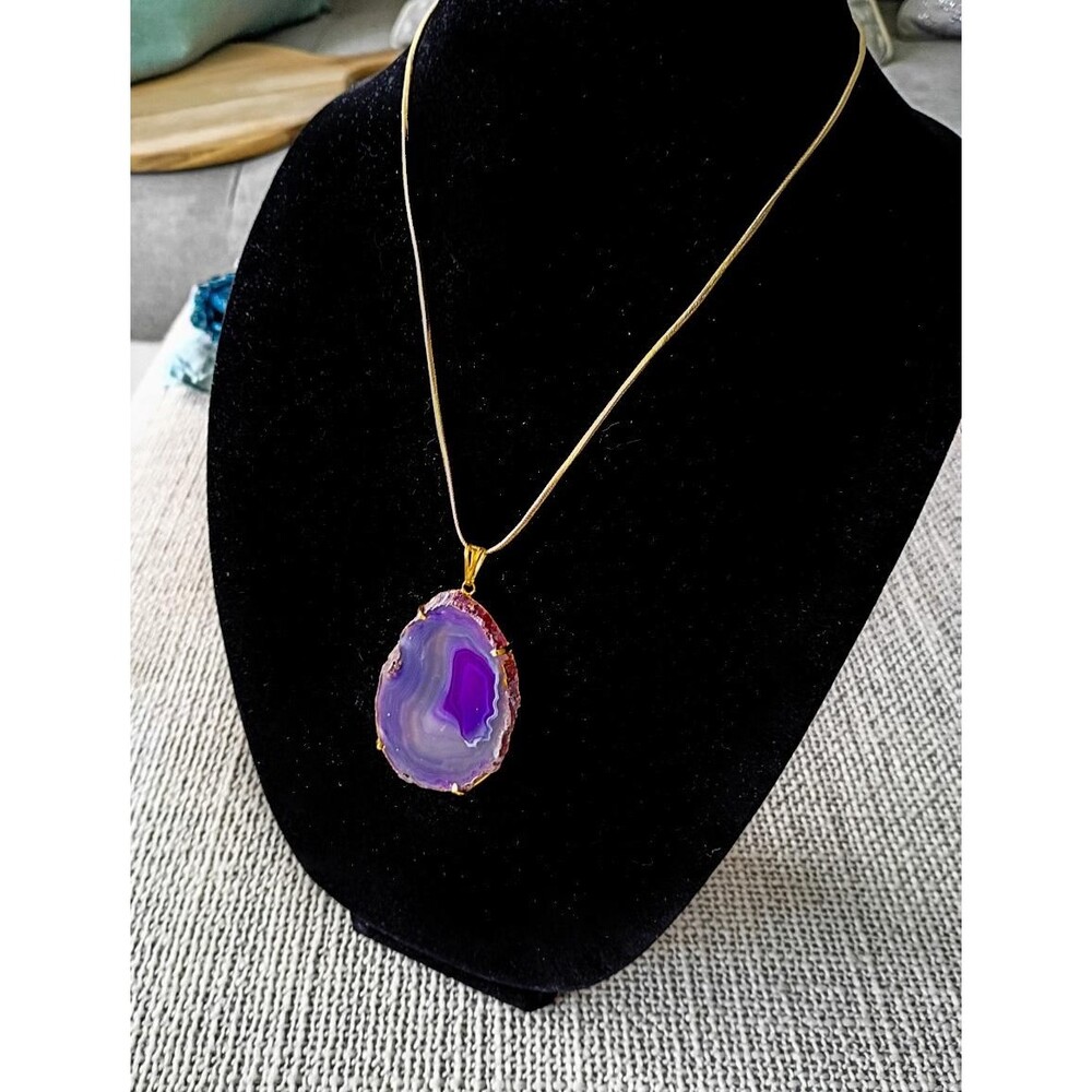 Natural Purple Agate Slice Pendant Necklace, Gold Plated Druzy Statement Jewelry